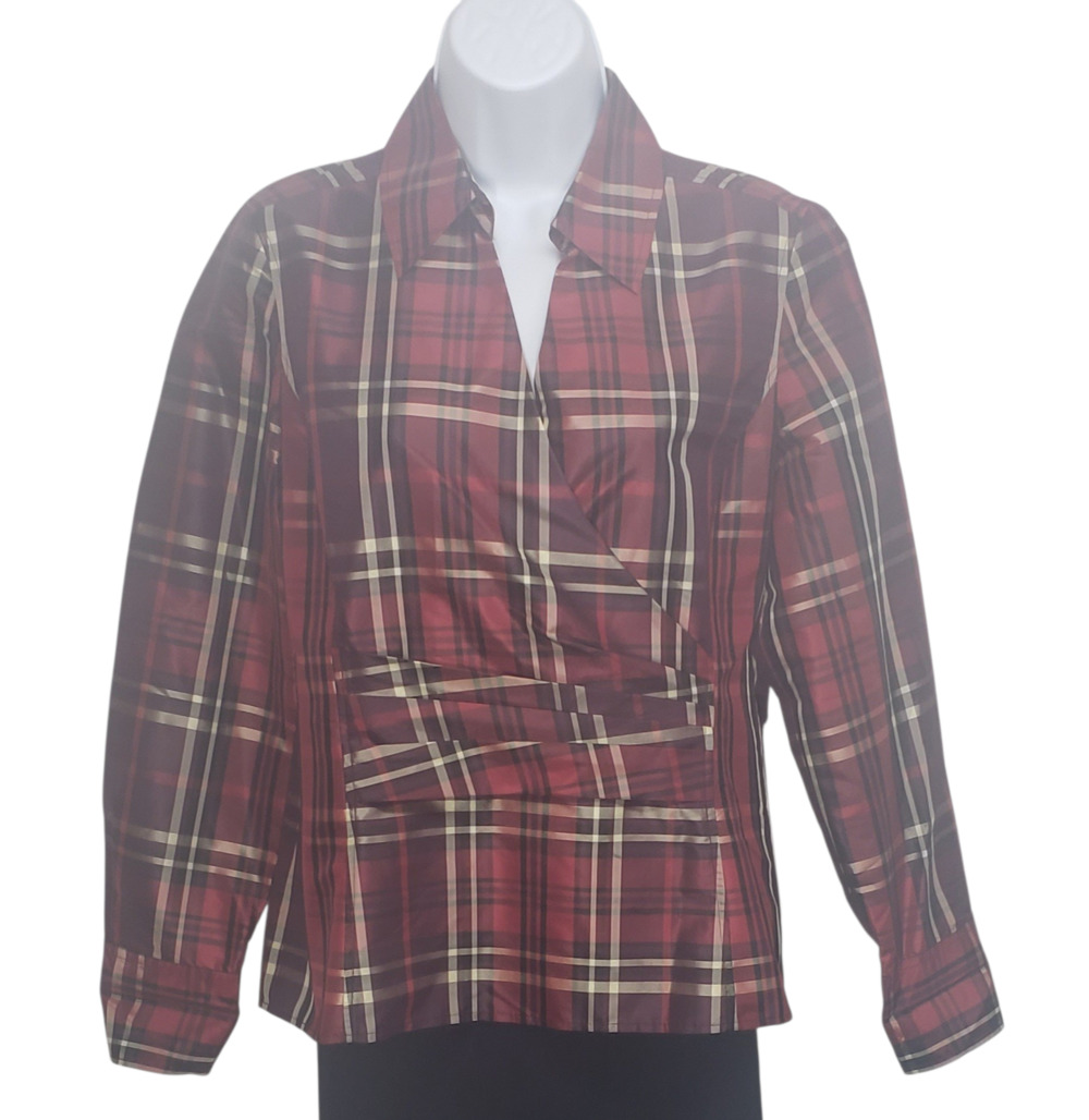 Talbots Silk Plaid Wrap Top Sz 8 Burgundy Tartan Preppy Old Money Style